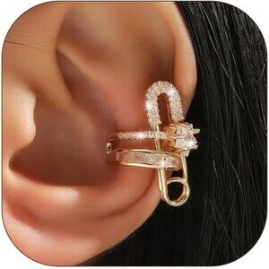 Gold Safety Pin Non Piercing Rhinestone Star Clip on Earring Cartilage Jewelry